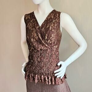 VTG Y2K Babydoll Top Womens M Lace Fairy Grunge Gold Metallic Shirred Stretchy